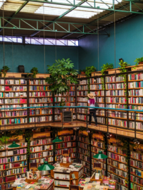 A lady walks along bookshelves in a bookstore