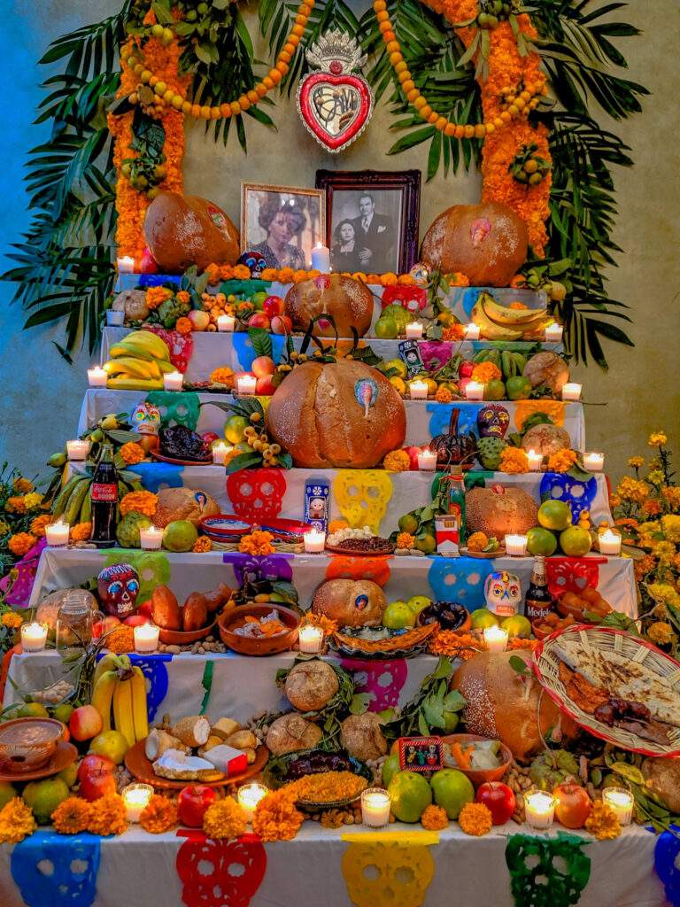 An ofrenda set up at a hotel lobby for Day of the Dead.